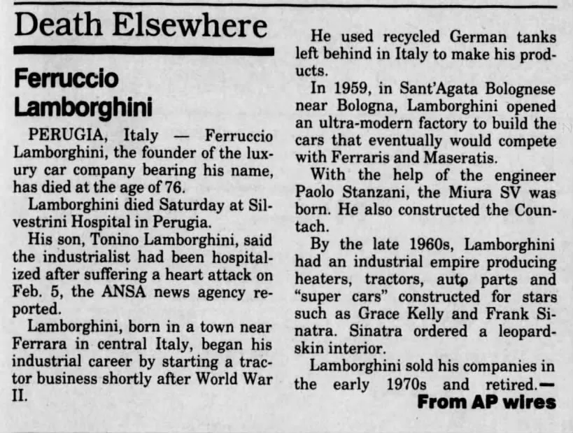 Articolo sulla morte di Ferruccio Lombardhini nel 1993