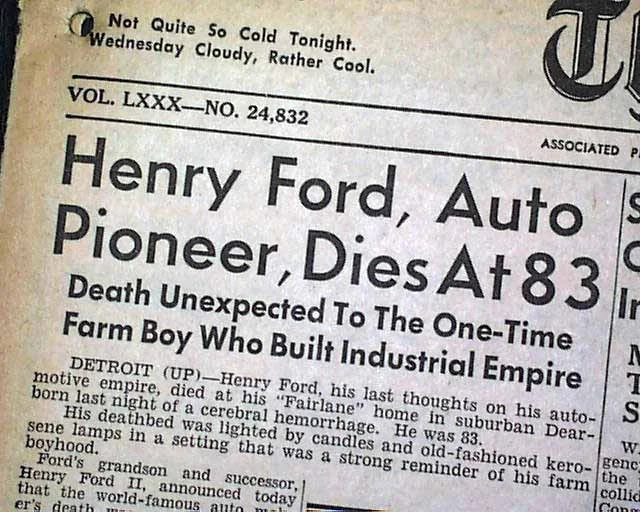 Articolo sulla morte di Henry Ford 1947