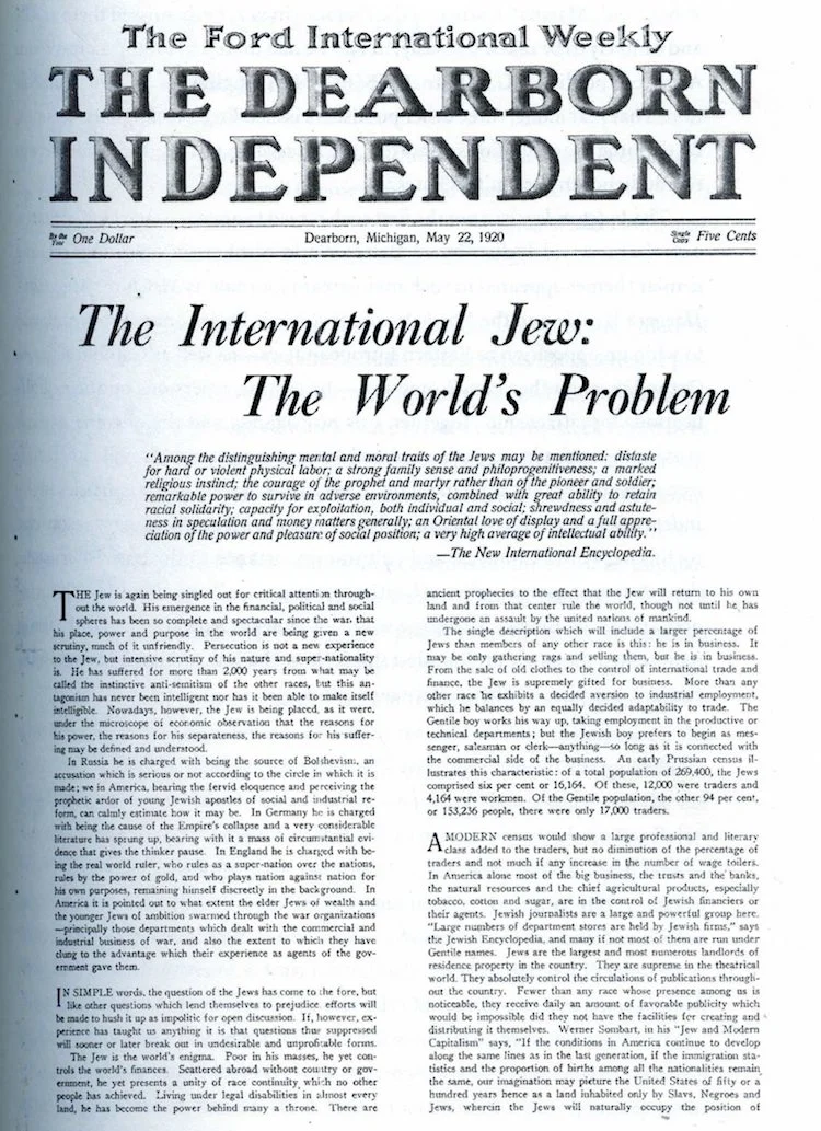 Articolo di Henry Ford su Dearborn Independent