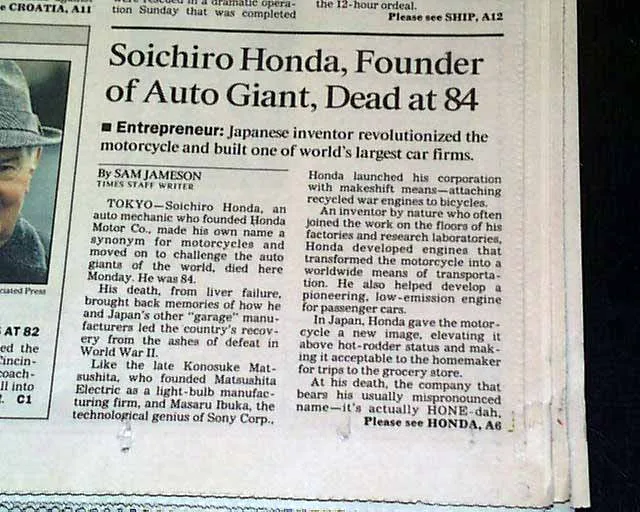 Primo reportage sulla morte di Soichiro Honda - Los Angeles Times 1991